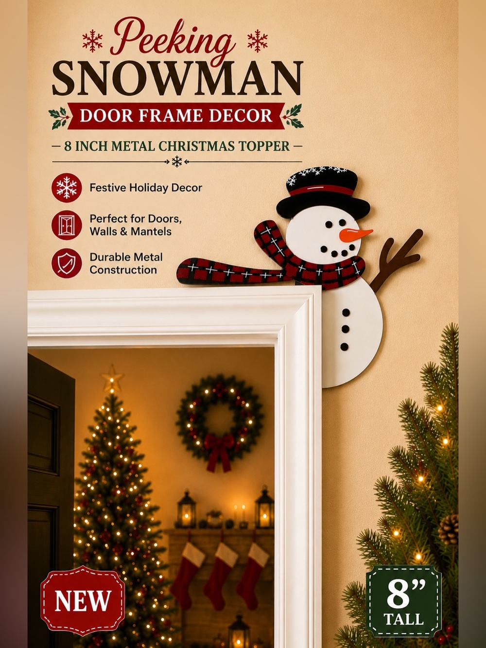 Peeking Snowman Door Frame Decor Metal Christmas Topper 8” Holiday NEW